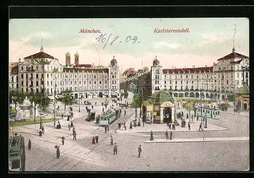 AK München, Karlstorrondell mit Brunnen u. Strassenbahn