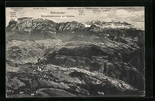AK Unterinn, Ortsansicht mit Dolomitenpanorama, Schlern, Kesselkogel und Rosengarten, Rittnerbahn