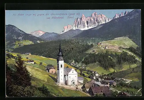 AK St. Peter im Villnöstal, Teilansicht mit Kirche gegen die Geislerspitzen