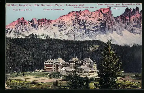 AK Karersee, Hotel Karersee u. Latemargruppe mit Cima Poppa, Kleinem Latemarsattel und Kleinem Latemar