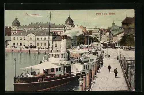 AK Konstanz a. B., Hafenbild mit Passagieren und Dampfer