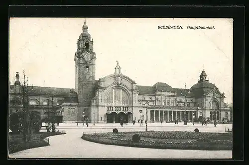 AK Wiesbaden, Hauptbahnhof von den Anlagen aus gesehen