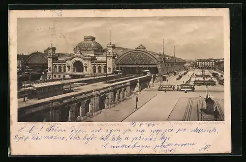 AK Dresden, Blick auf Hauptbahnhof und Strassenbahnen