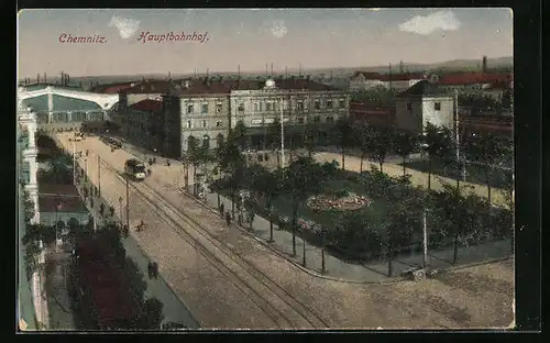 AK Chemnitz, Hauptbahnhof und Strassenbahn aus der Vogelschau