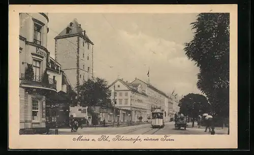 AK Mainz, Bahnhof mit Strassenbahn und Rheinstrasse