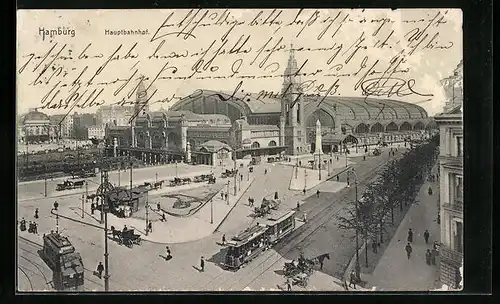 AK Hamburg-St.Georg, Hauptbahnhof und Strassenbahnen