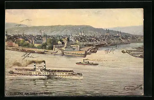 Künstler-AK Coblenz, Blick auf das Deutsche Eck