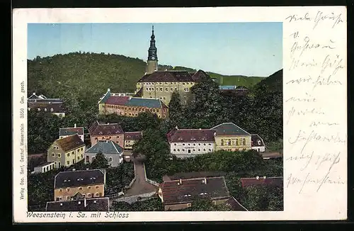 Goldfenster-AK Müglitztal i. Sa., Teilansicht mit Schloss Weesenstein