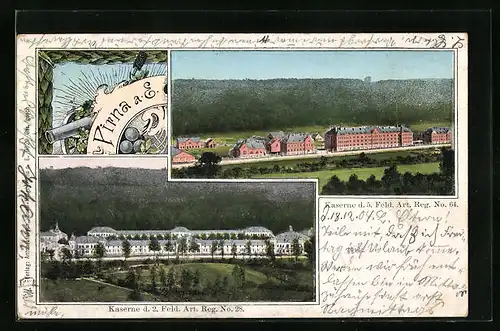 AK Pirna a. E., Kaserne d. 2. Feld. Art. Reg. No. 28, Kaserne d. 5. Feld. Art. Reg. No. 64