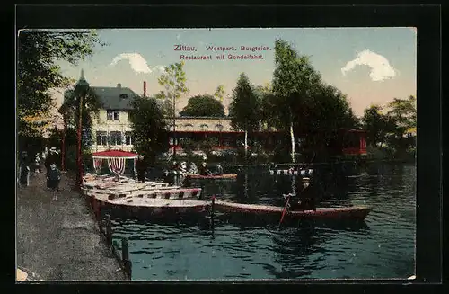 AK Zittau, Restaurant mit Gondelfahrt am Westpark, Burgteich
