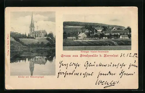 AK Strahwalde b. Herrnhut, Kirche mit Wasserspiegel, Rittergut Nieder-Strahwalde