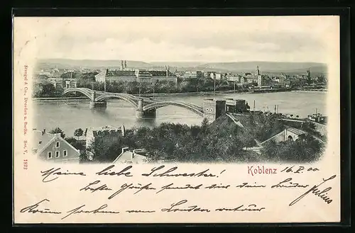 Relief-AK Koblenz, Uferpartie mit Brücke