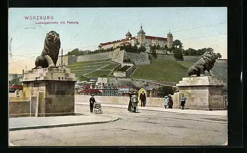 AK Würzburg, Ludwigbrücke mit Festung