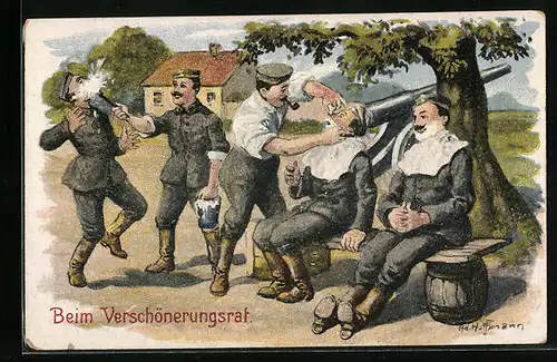 Künstler-AK Ad. Hoffmann: Beim Verschönerungsrat, Soldaten bei der Rasur