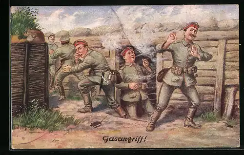 Künstler-AK Ad. Hoffmann: Soldaten bei einem Gasangriff
