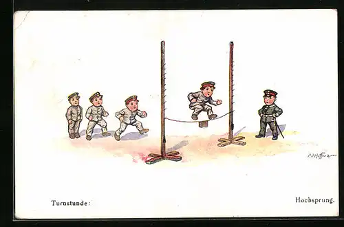 Künstler-AK Ad. Hoffmann: Turnstunde, Soldaten beim Hochsprung