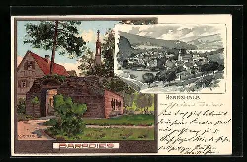 Künstler-AK Karl Mutter: Herrenalb, Teilansicht, Paradies, Bahnpost