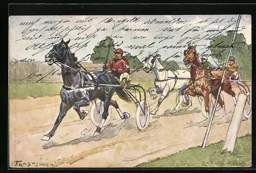 Künstler-AK Ludwig Koch: Jockeys mit Pferdewägen bei einem Rennen