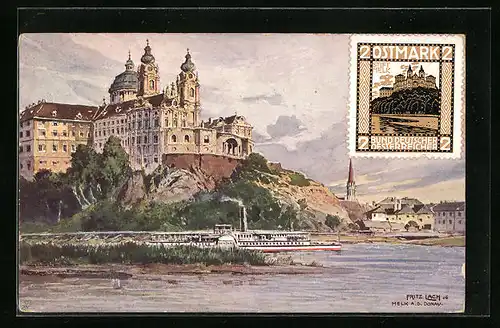 Künstler-AK Fritz Lach: Melk a. d. Donau, Blick zum Schloss mit Dampfer