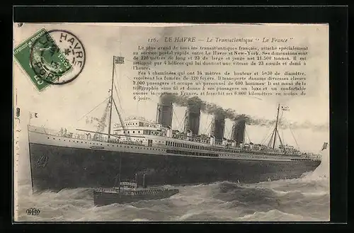 AK Le Havre, Französisches Passagierschiff La France gibt Volldampf