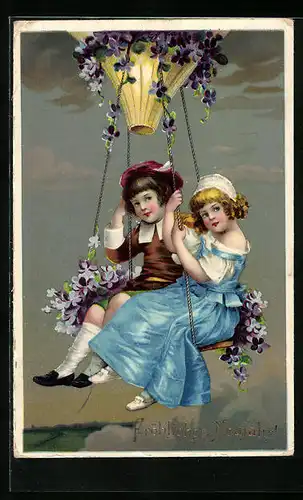 Künstler-AK Neujahrsgrüsse, Kleine Kinder in der Gondel eines verzierten Ballons