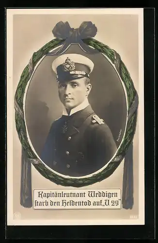 AK Portrait des Kapitänleutnanten des U-Bootes U9, Otto v. Weddigen im Lorbeerkranz