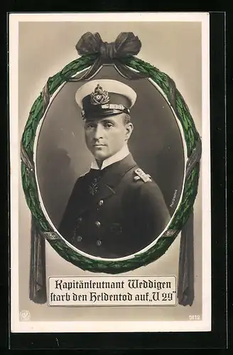 Künstler-AK Portrait des Kapitänleutnanten des U-Bootes U9, Otto v. Weddigen im Lorbeerkranz