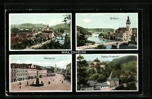 AK Waldheim, Schloss Kriebstein, Rathaus, Obermarkt mit Brunnen