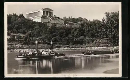 AK Donaustauf, Walhalla von der Donau gesehen, Dampfer