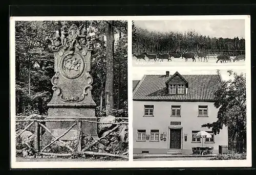 AK Entenpfuhl, Gasthaus zum Jäger aus Kurpfalz, Denkmal, Wildgruppe im Schnee