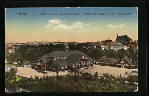 AK Freiberg, Malerische Fernsicht gegen die Städtische Festhalle mit Museum für Schule und Heimat