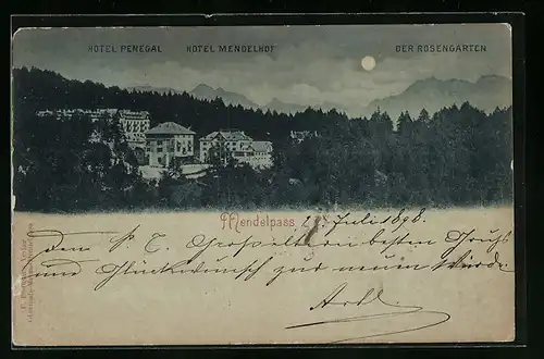 Mondschein-AK Mendelpass, Hotel Penegal und Hotel Mendelhof mit Rosengarten