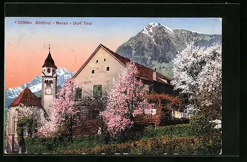 AK Dorf Tirol bei Meran, Teilansicht mit Kirche