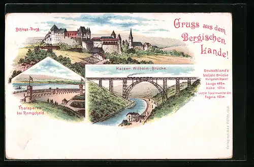 Lithographie Remscheid, Thalsperre, Schloss-Burg