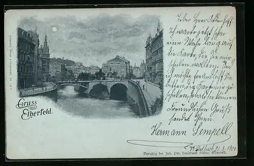 Mondschein-AK Elberfeld, Partie an der Brücke bei Vollmond