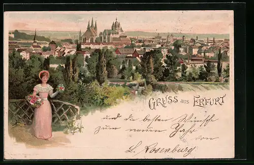 Lithographie Erfurt, Ortsansicht mit Blumenmädchen
