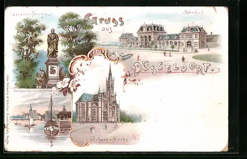 Lithographie Düsseldorf, Cornelius-Denkmal, Bahnhof, Johanneskirche