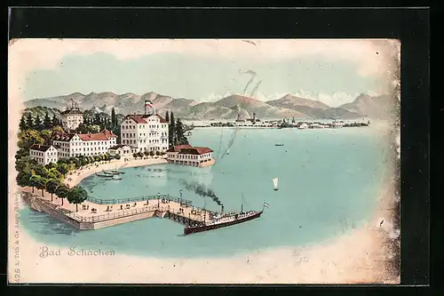 Leporello-AK Bad Schachen, Uferpartie mit Dampfschiff aus der Vogelschau