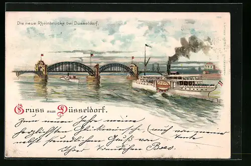 Künstler-AK Düsseldorf, Dampfer an der neuen Rheinbrücke