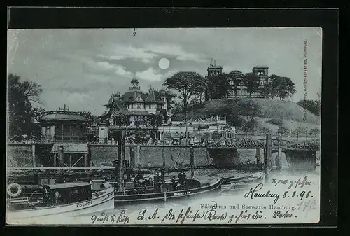 Mondschein-AK Hamburg-St.Pauli, Uferpartie mit den Schiffen Kosmos, Baschy & Co, Fährhaus, Seewarte