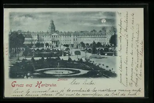 Mondschein-AK Karlsruhe, Das Schloss mit Anlage aus der Vogelschau, Vollmond