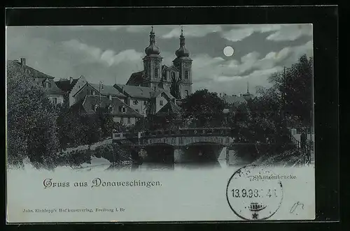 Mondschein-AK Donaueschingen, Vollmondnacht an der Schützenbrücke