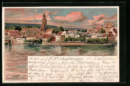 Künstler-AK Ueberlingen, Ortsansicht vom Wasser aus, Kirche
