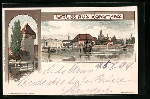 Künstler-AK Karl Mutter: Konstanz, Uferpartie vom Wasser aus, Turm