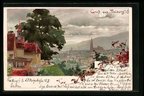 Künstler-AK Freiburg i. B., Ortsansicht aus der Vogelschau