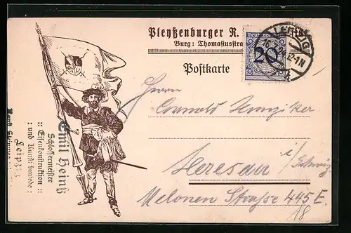 Künstler-AK Leipzig, Student mit Wams und riesigre Flagge mit Wappen