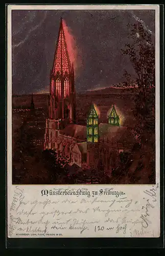 AK Freiburg i. Br., Ortspartie in der Nacht, Münsterbeleuchtung