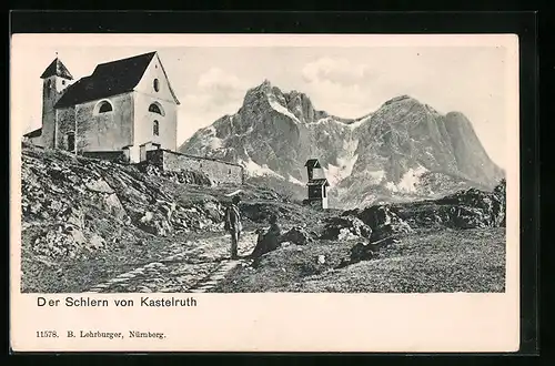 AK Kastelruth, Der Schlern mit Kirche