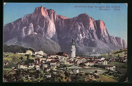 AK Kastelruth, Panorama gegen den Schlern, Dolomiten