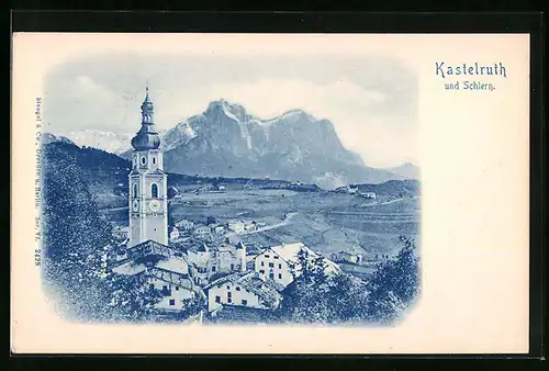 AK Kastelruth, Panorama mit Kirche und Schlern